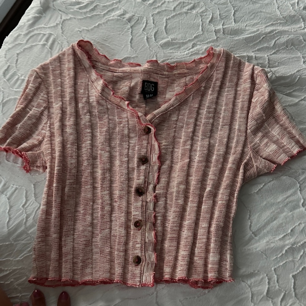 BDG Pink Ribbed Button-Front Lettuce-Edge Crop Top